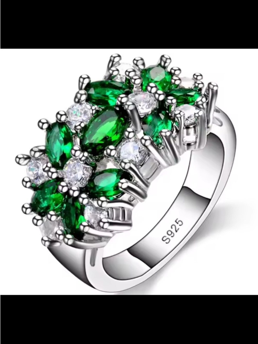 Sterling Silver Emerald Green Cluster Ring - S925